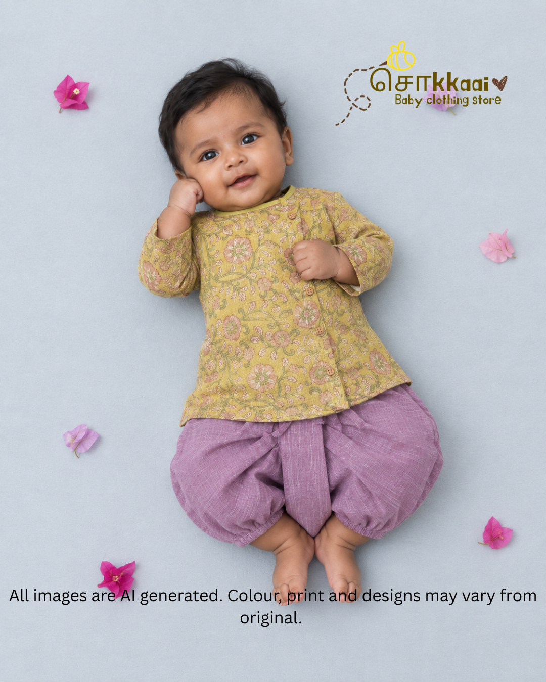 Lime Garden Floral Kota Cotton Side Button Dhoti Set (0-12m) - Sokkaai