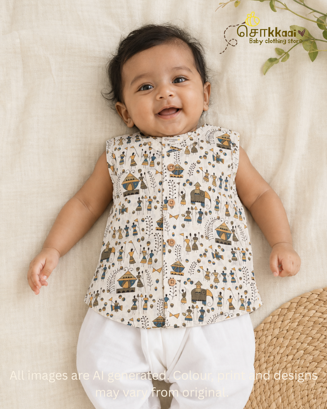 Ivory Warli Tale centre button sleeveless top (NB-2years) - Sokkaai
