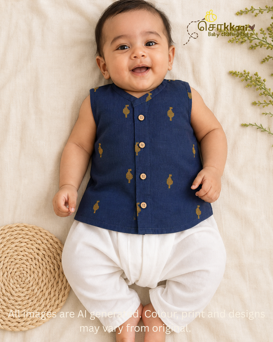 Navy Mustard Weave centre button sleeveless top (NB-2years) - Sokkaai