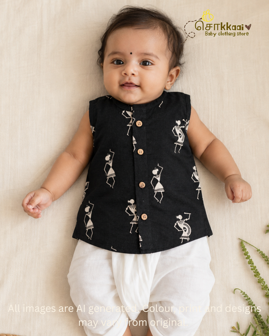 Black Tribal Rhythm centre button sleeveless top (NB-2years) - Sokkaai