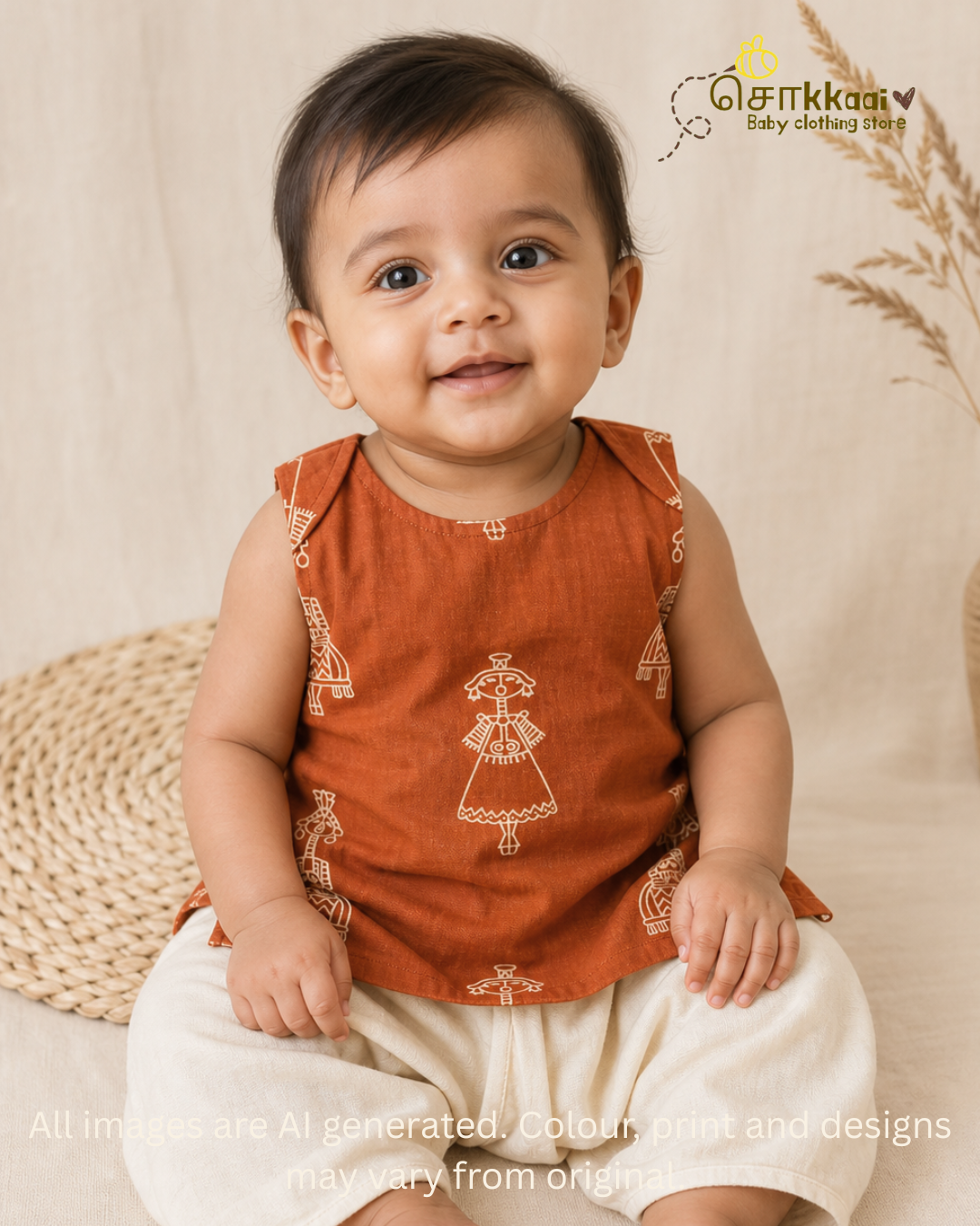 Rust Orange Tribal Motif sleeveless top (NB-4years) - Sokkaai
