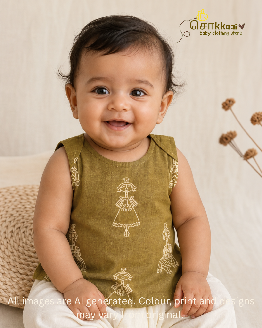 Olive Tribal Motif sleeveless top (NB-4years) - Sokkaai