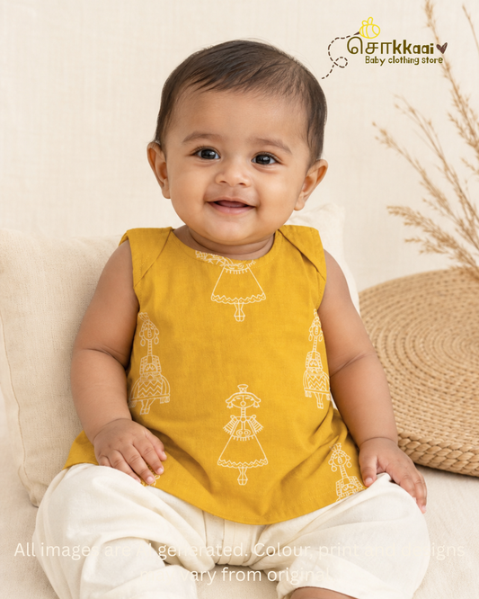 Mustard Tribal Motif sleeveless top (NB-4years) - Sokkaai