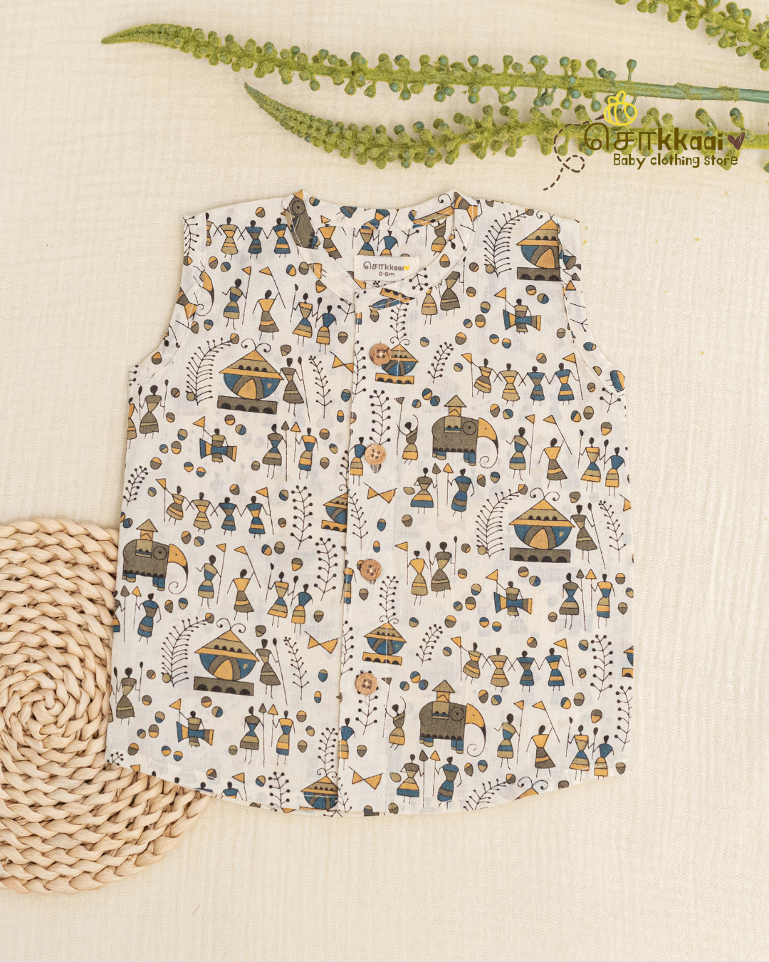 Ivory Warli Tale centre button sleeveless top (NB-2years) - Sokkaai