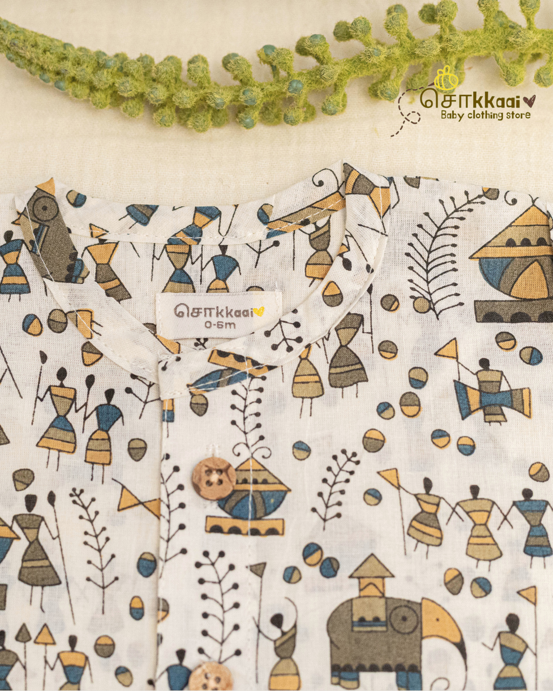 Ivory Warli Tale centre button sleeveless top (NB-2years) - Sokkaai