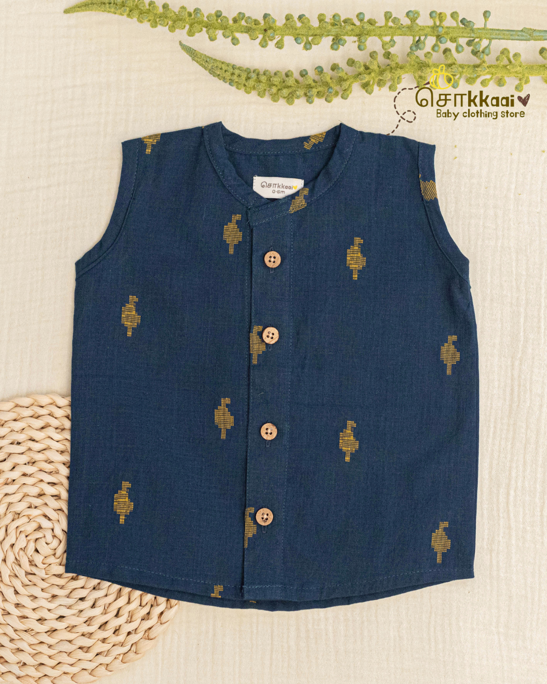 Navy Mustard Weave centre button sleeveless top (NB-2years) - Sokkaai