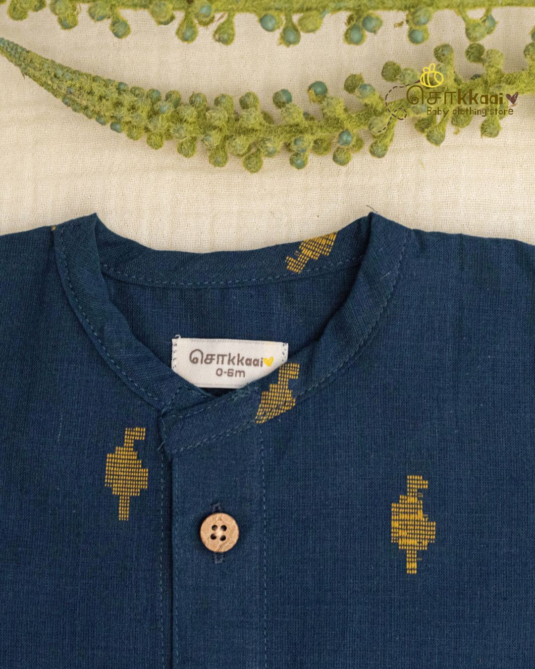 Navy Mustard Weave centre button sleeveless top (NB-2years) - Sokkaai