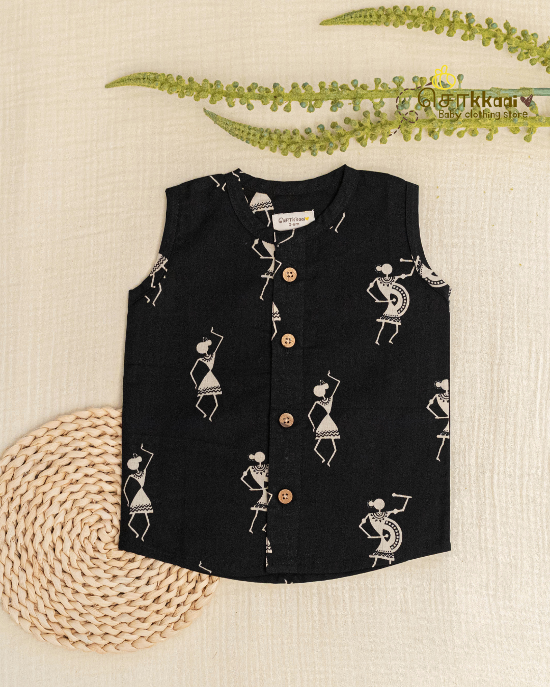Black Tribal Rhythm centre button sleeveless top (NB-2years) - Sokkaai
