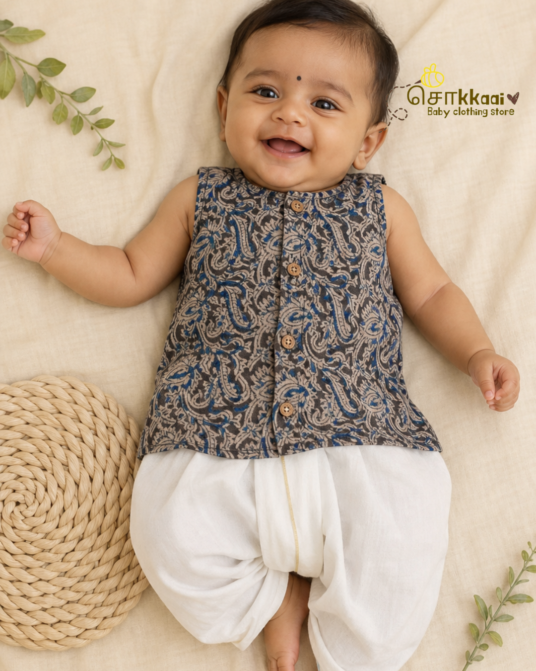 Midnight Kalamkari centre button sleeveless top (NB-2years) - Sokkaai