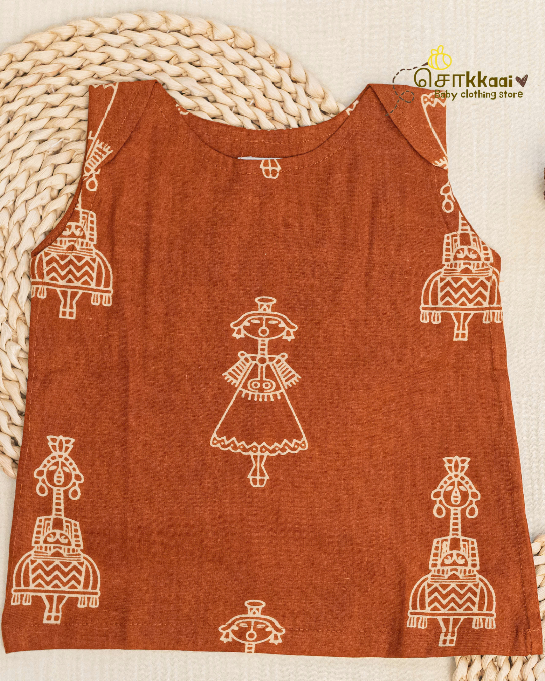 Rust Orange Tribal Motif sleeveless top (NB-4years) - Sokkaai