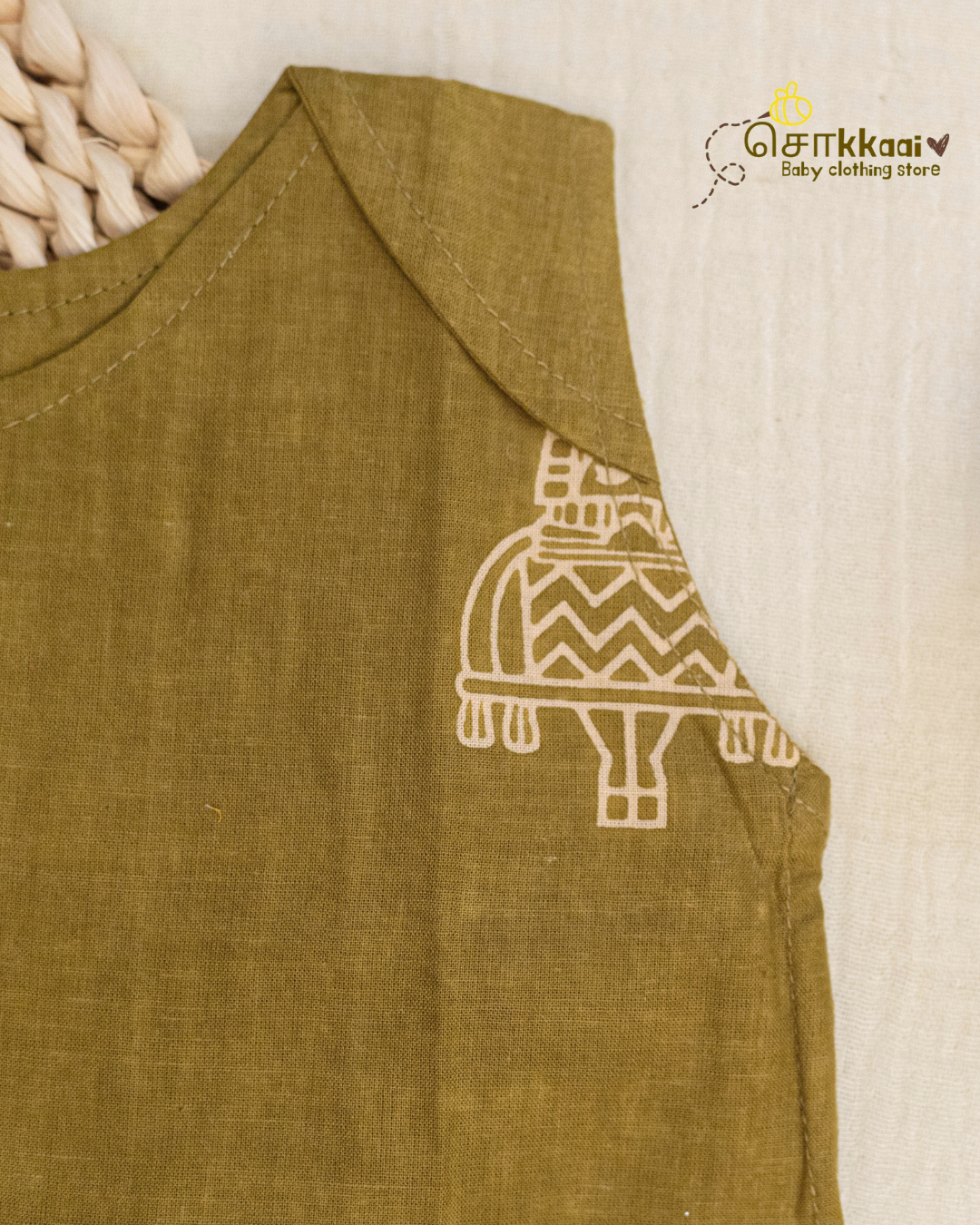 Olive Tribal Motif sleeveless top (NB-4years) - Sokkaai