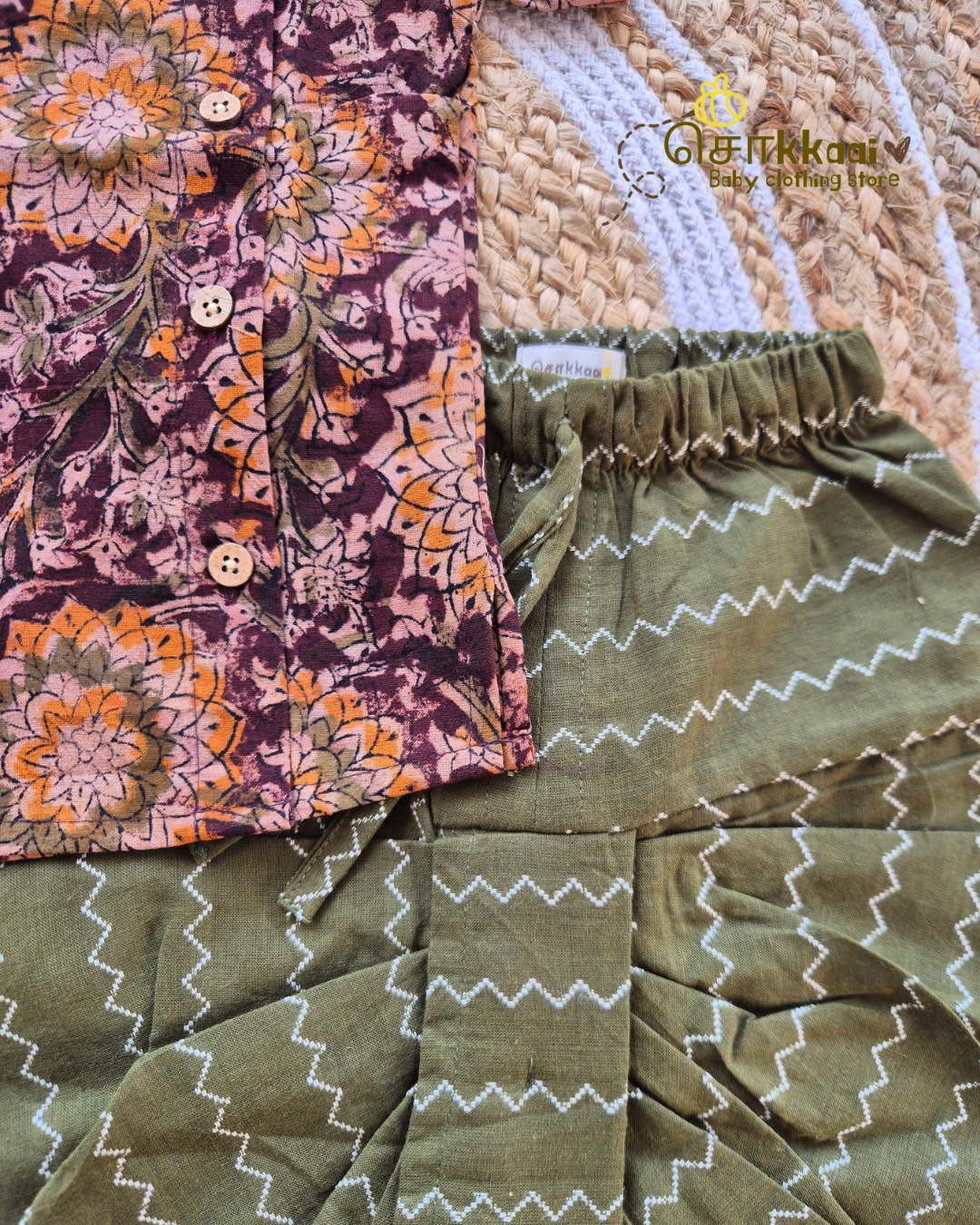 Earthy Kalamkari Top & Olive Green Dhoti Set (NB-5yrs) - Sokkaai
