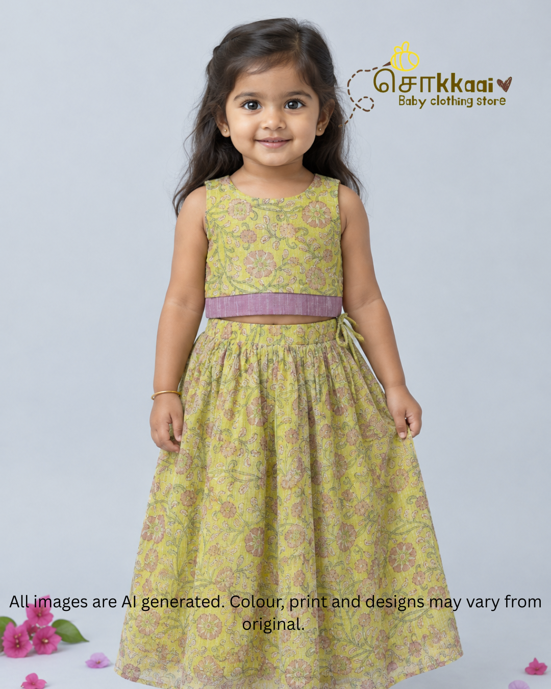 Lime Garden Floral Kota Cotton Skirt & Top Set (6m-5years) - Sokkaai