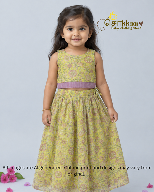 Lime Garden Floral Kota Cotton Skirt & Top Set (6m-5years) - Sokkaai