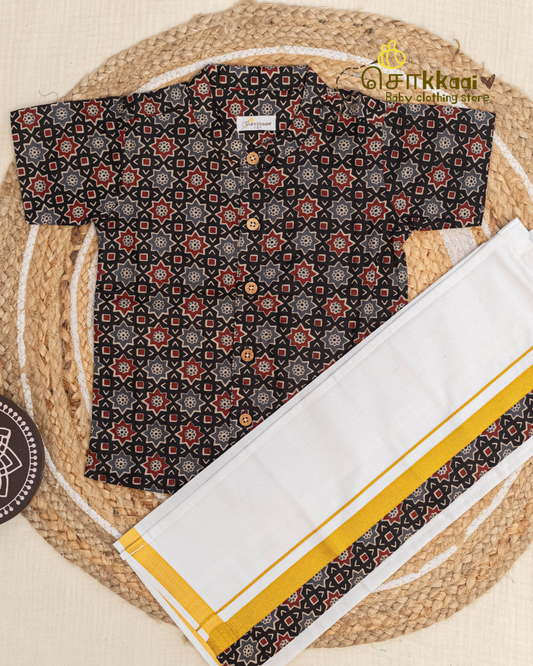 Black Heritage Geometric Mandarin Shirt with Veshti (6m-5yrs) - Sokkaai