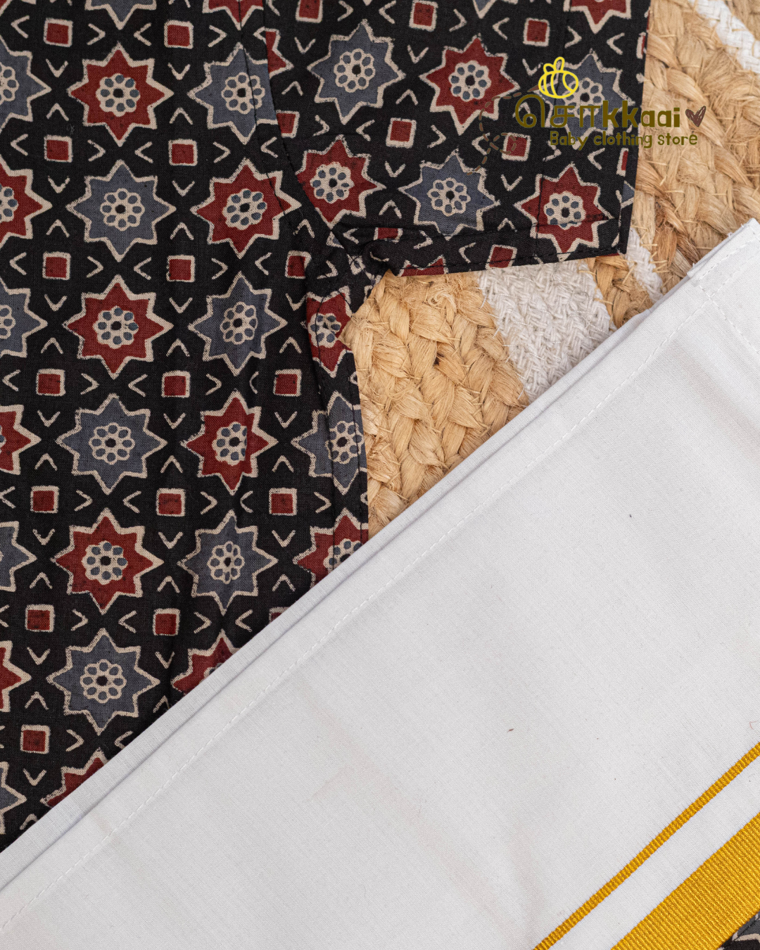 Black Heritage Geometric Mandarin Shirt with Velcro Veshti (6m-5yrs) - Sokkaai