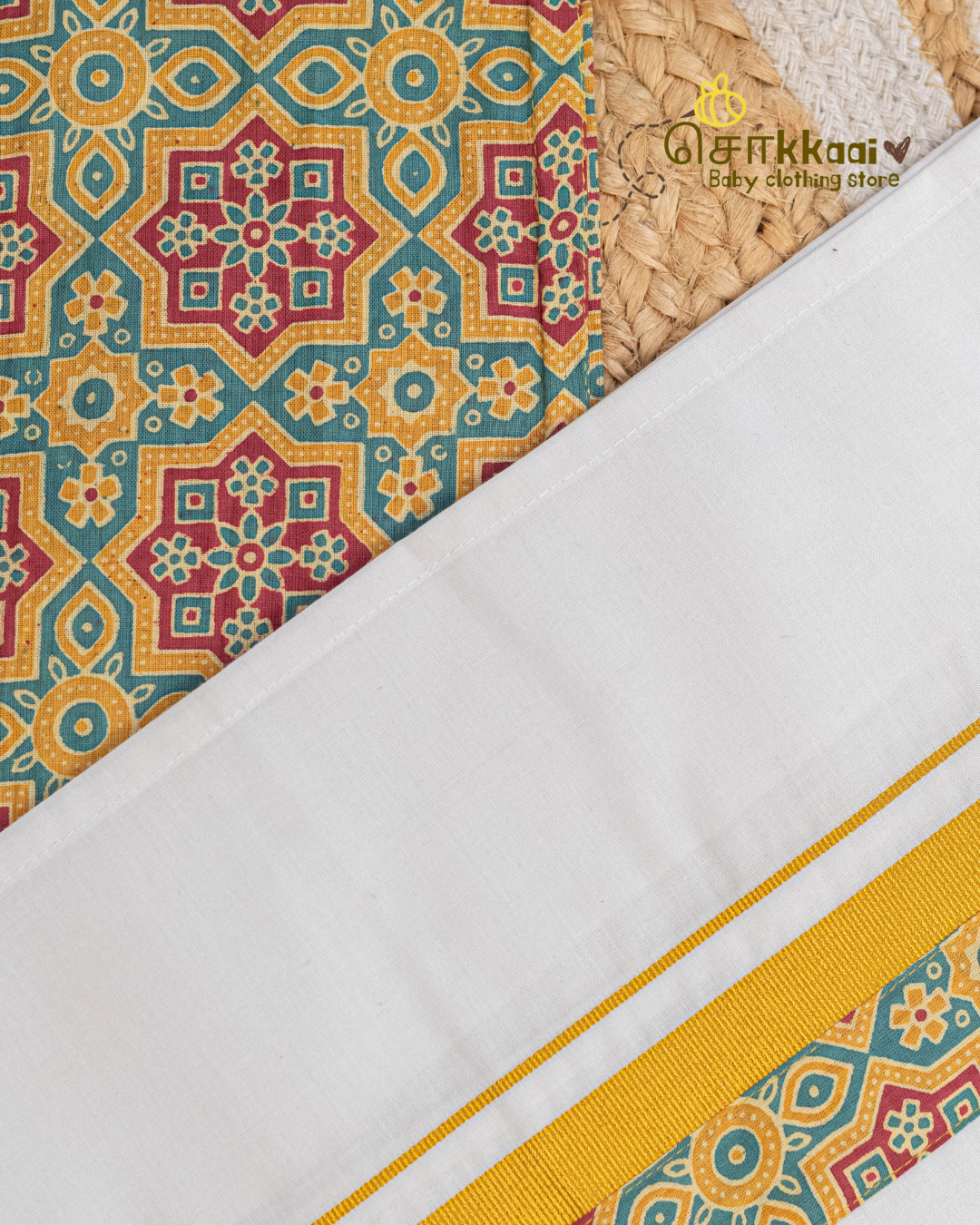 Lime & Green Heritage Geometric Mandarin Shirt with Velcro Veshti (6m-5yrs) - Sokkaai