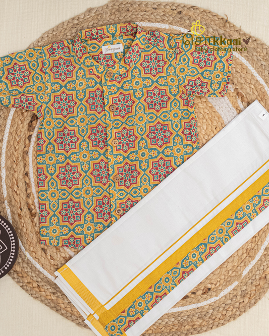 Lime & Green Heritage Geometric Mandarin Shirt with Veshti (6m-5yrs) - Sokkaai