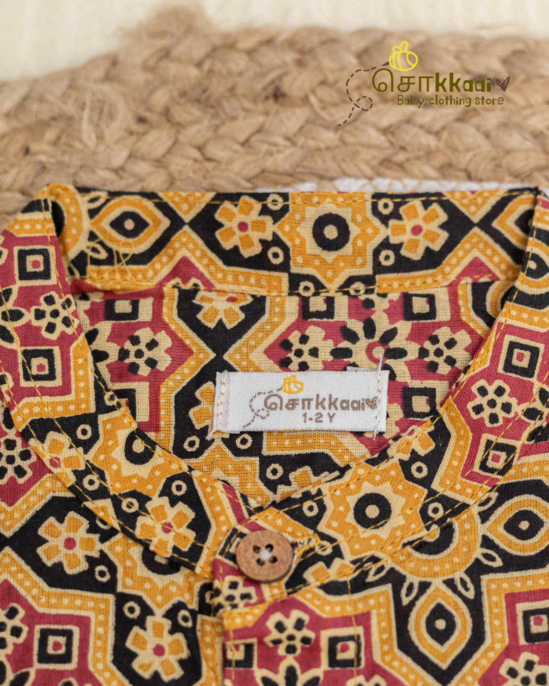 Yellow & Black Heritage Geometric Mandarin Shirt with Velcro Veshti (6m-5yrs) - Sokkaai