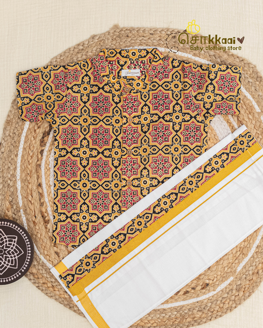 Yellow & Black Heritage Geometric Mandarin Shirt with Veshti (6m-5yrs) - Sokkaai