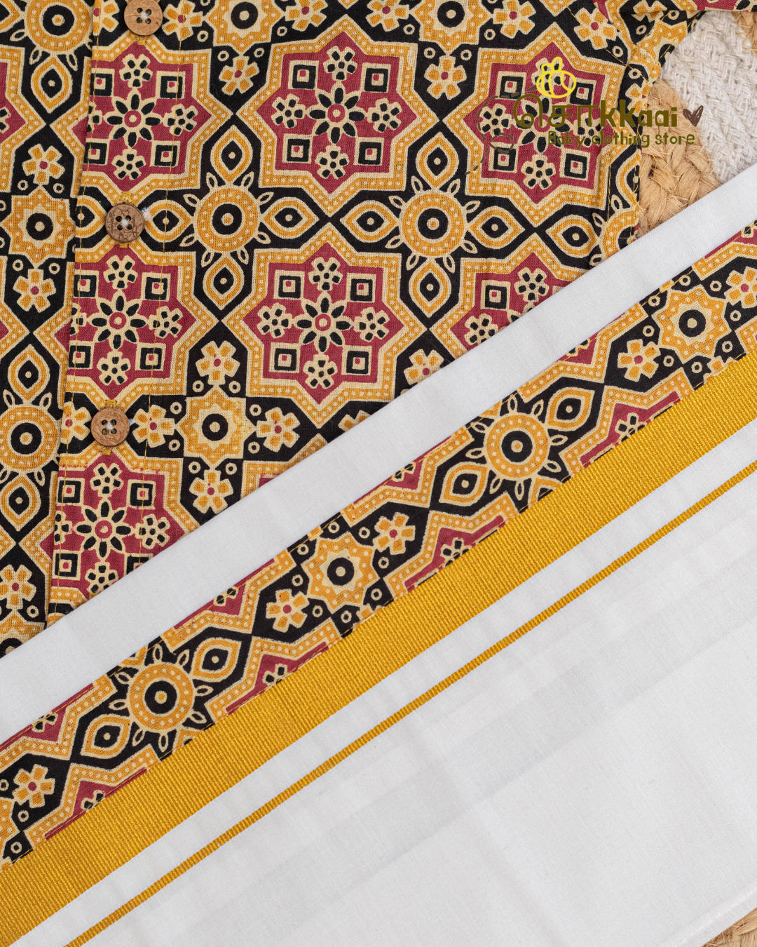 Yellow & Black Heritage Geometric Mandarin Shirt with Velcro Veshti (6m-5yrs) - Sokkaai