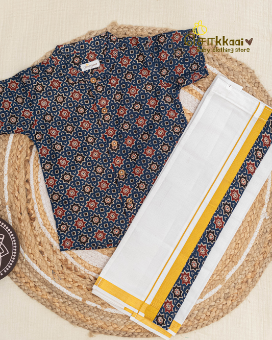 Blue Heritage Geometric Mandarin Shirt with Veshti (6m-5yrs) - Sokkaai