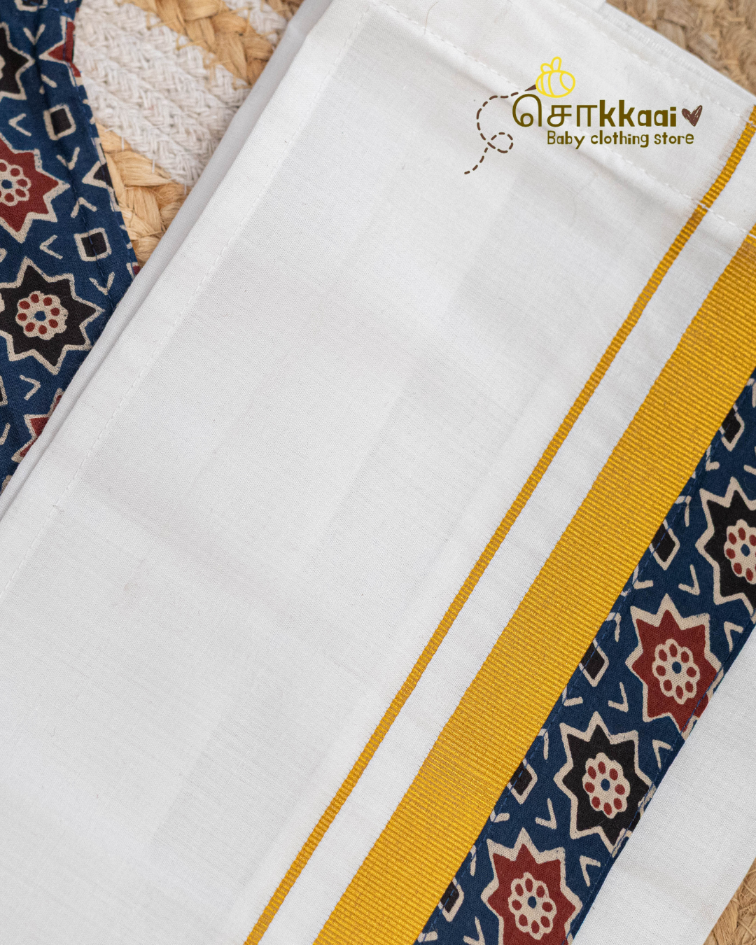 Blue Heritage Geometric Mandarin Shirt with Velcro Veshti (6m-5yrs) - Sokkaai