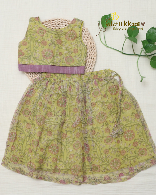 Lime Garden Floral Kota Cotton Skirt & Top Set (6m-5years) - Sokkaai