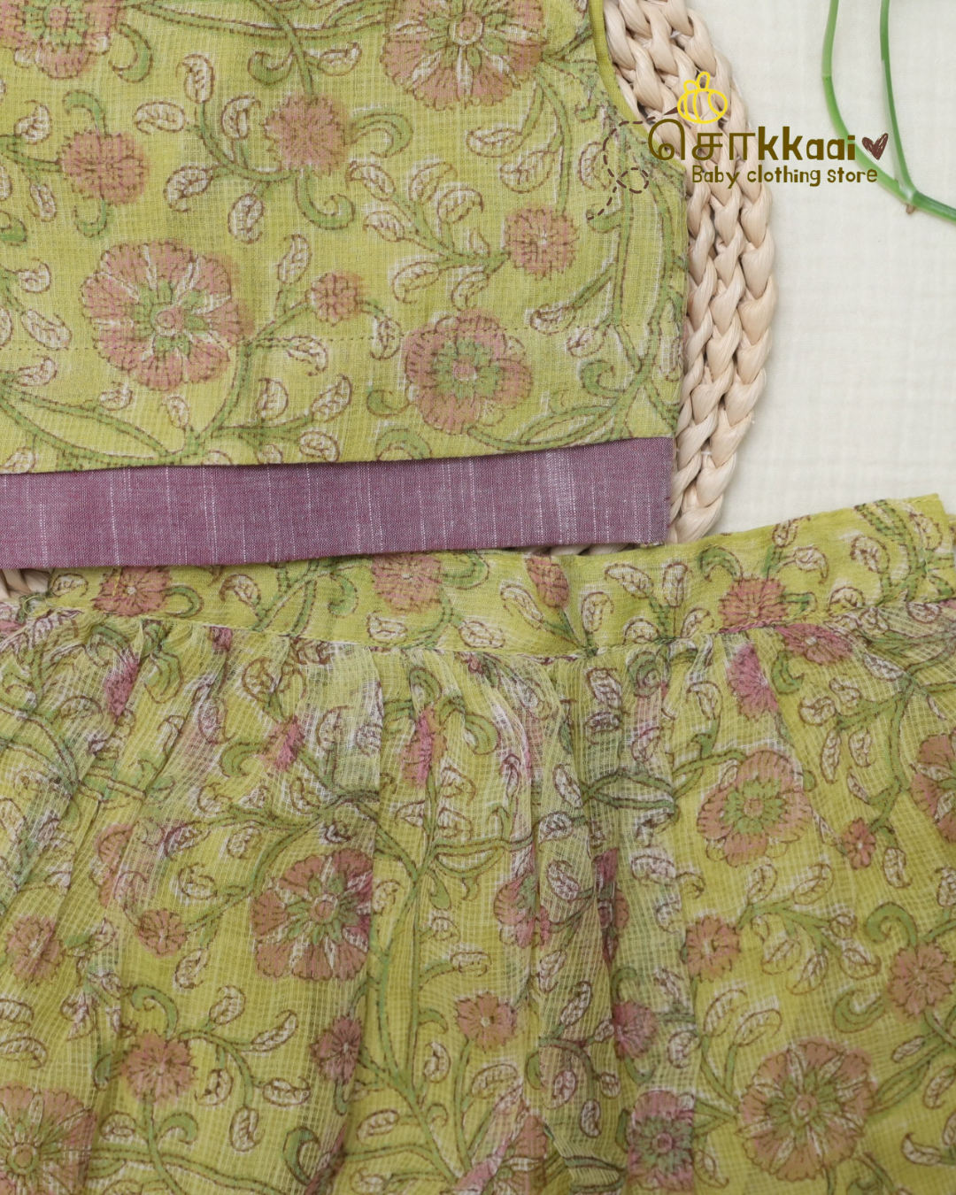 Lime Garden Floral Kota Cotton Skirt & Top Set (6m-5years) - Sokkaai