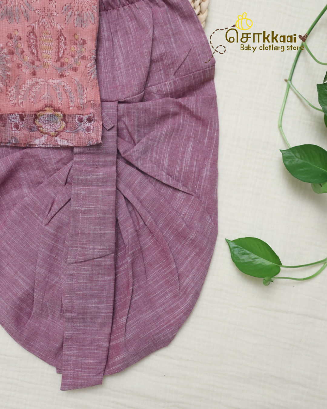Dusty Rose Garden Kota Cotton & Handloom Dhoti Set (1-5yrs) - Sokkaai