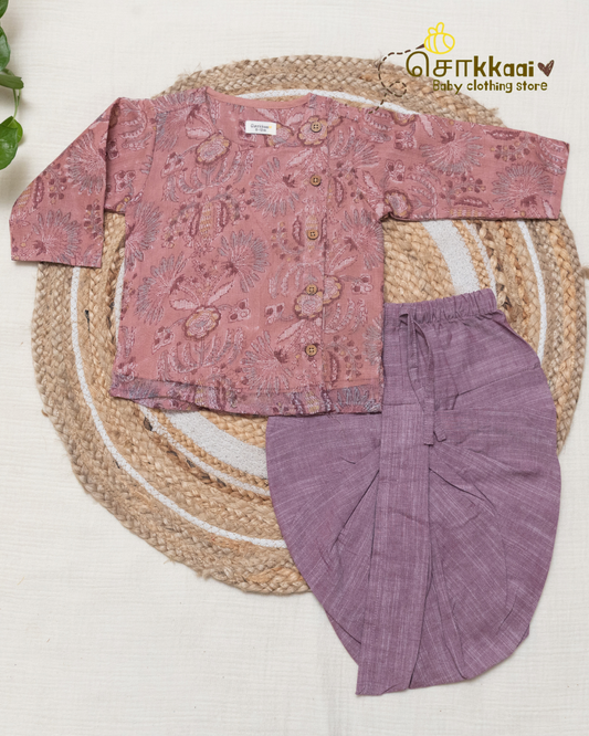 Dusty Rose Garden Kota Cotton Side Button Dhoti Set (0-12m) - Sokkaai