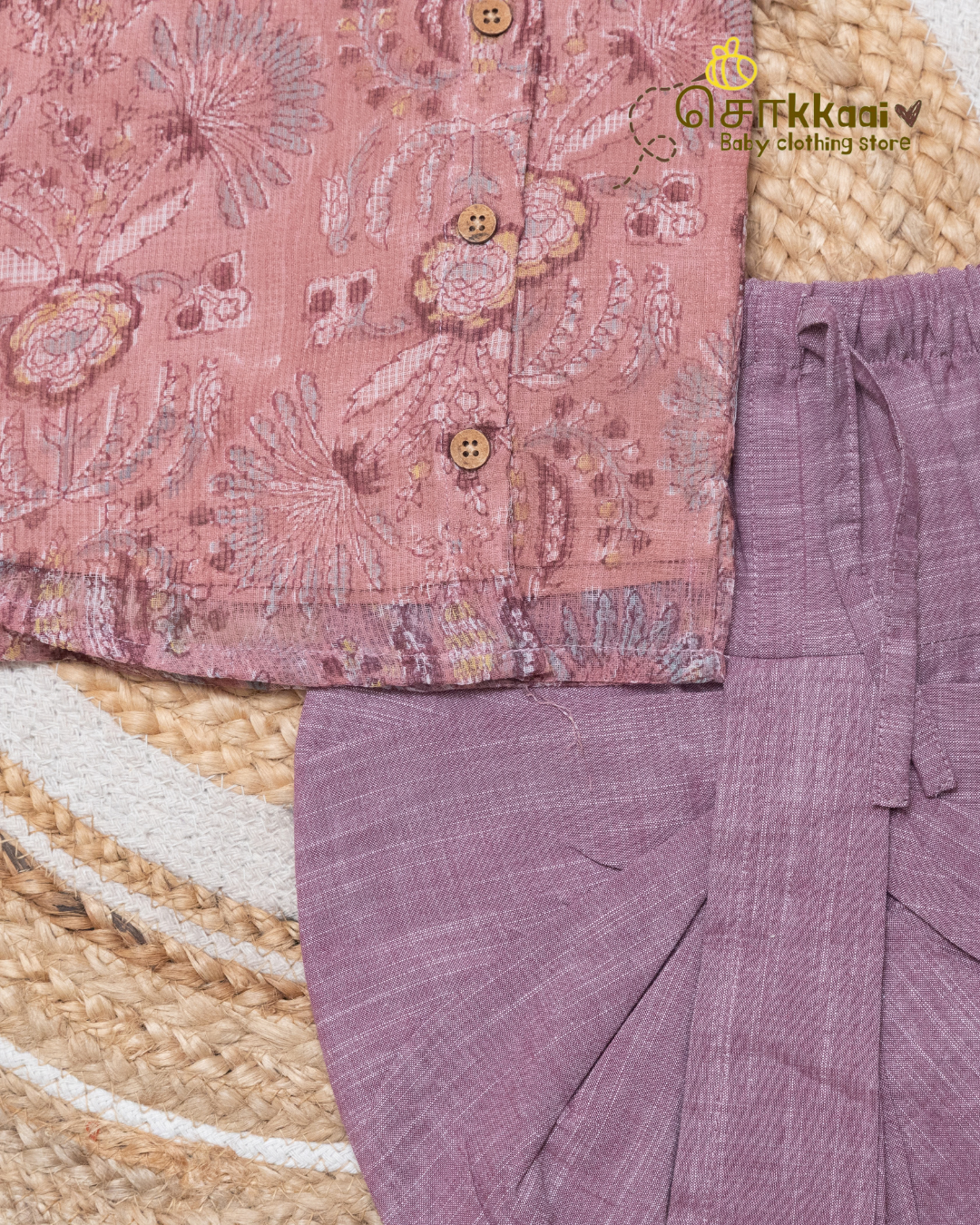 Dusty Rose Garden Kota Cotton Side Button Dhoti Set (0-12m) - Sokkaai