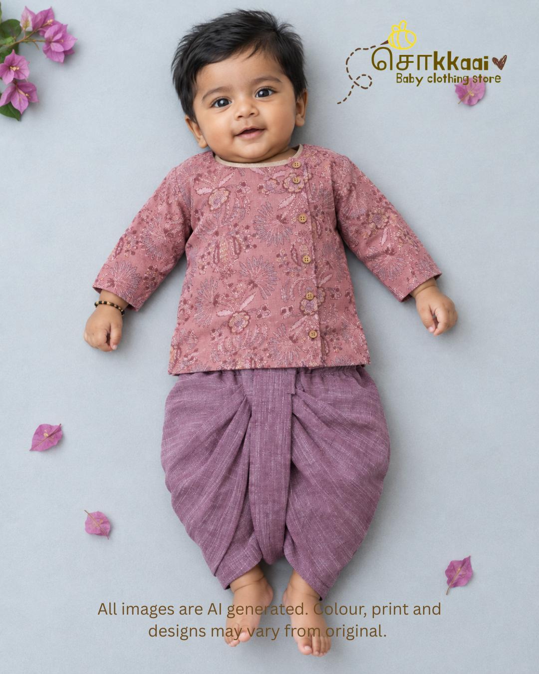 Dusty Rose Garden Kota Cotton Side Button Dhoti Set (0-12m) - Sokkaai