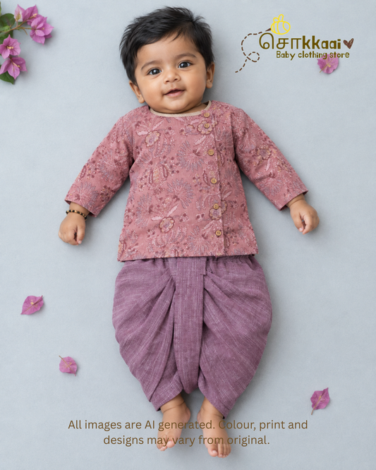 Dusty Rose Garden Kota Cotton Side Button Dhoti Set (0-12m) - Sokkaai