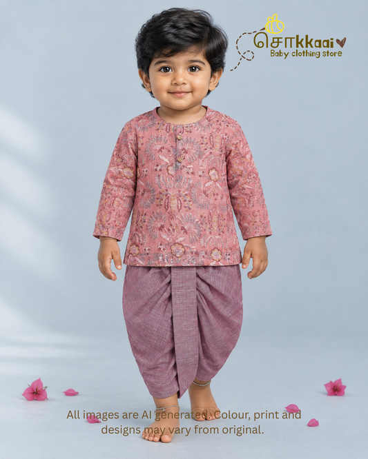 Dusty Rose Garden Kota Cotton & Handloom Dhoti Set (1-5yrs) - Sokkaai
