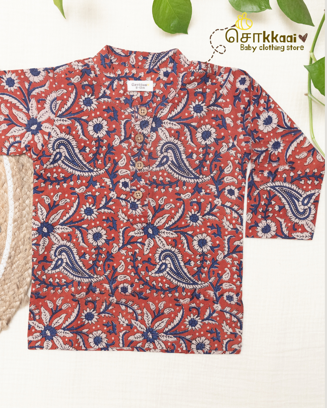 Coral Red Paisley Mandarin Collar Kids Kurta (0-6yrs) - Son