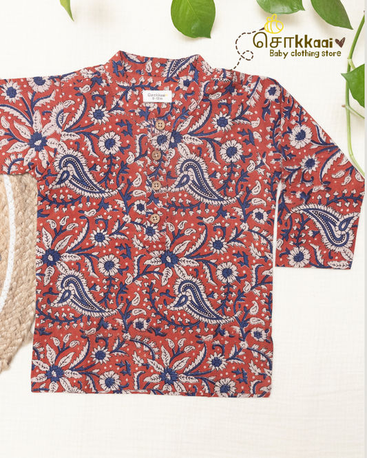 Coral Red Paisley Mandarin Collar Kids Kurta (0-6yrs) - Son
