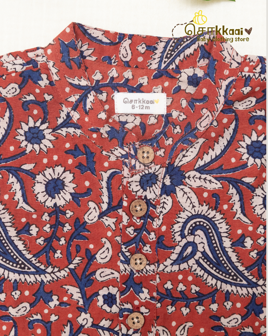 Coral Red Paisley Mandarin Collar Kids Kurta (0-6yrs) - Son