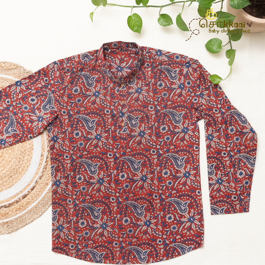 Coral Red Paisley Mandarin Collar Men Kurta (M-XXL) - Dad
