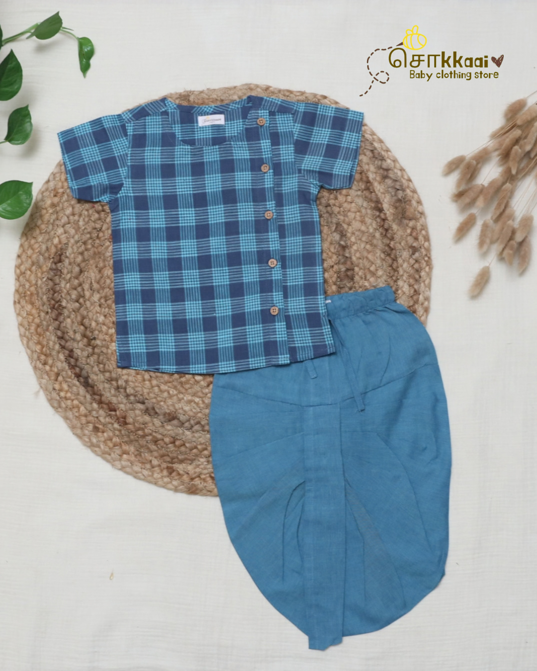 Navy Aqua Checks Dhoti Set (NB-5yrs) - Sokkaai