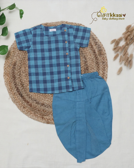 Navy Aqua Checks Dhoti Set (NB-5yrs) - Sokkaai