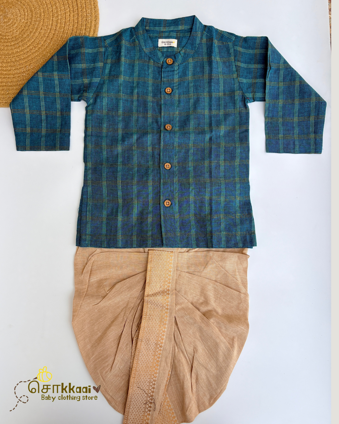 Teal Checks Cotton Dhoti Set (0-5yrs) - Sokkaai