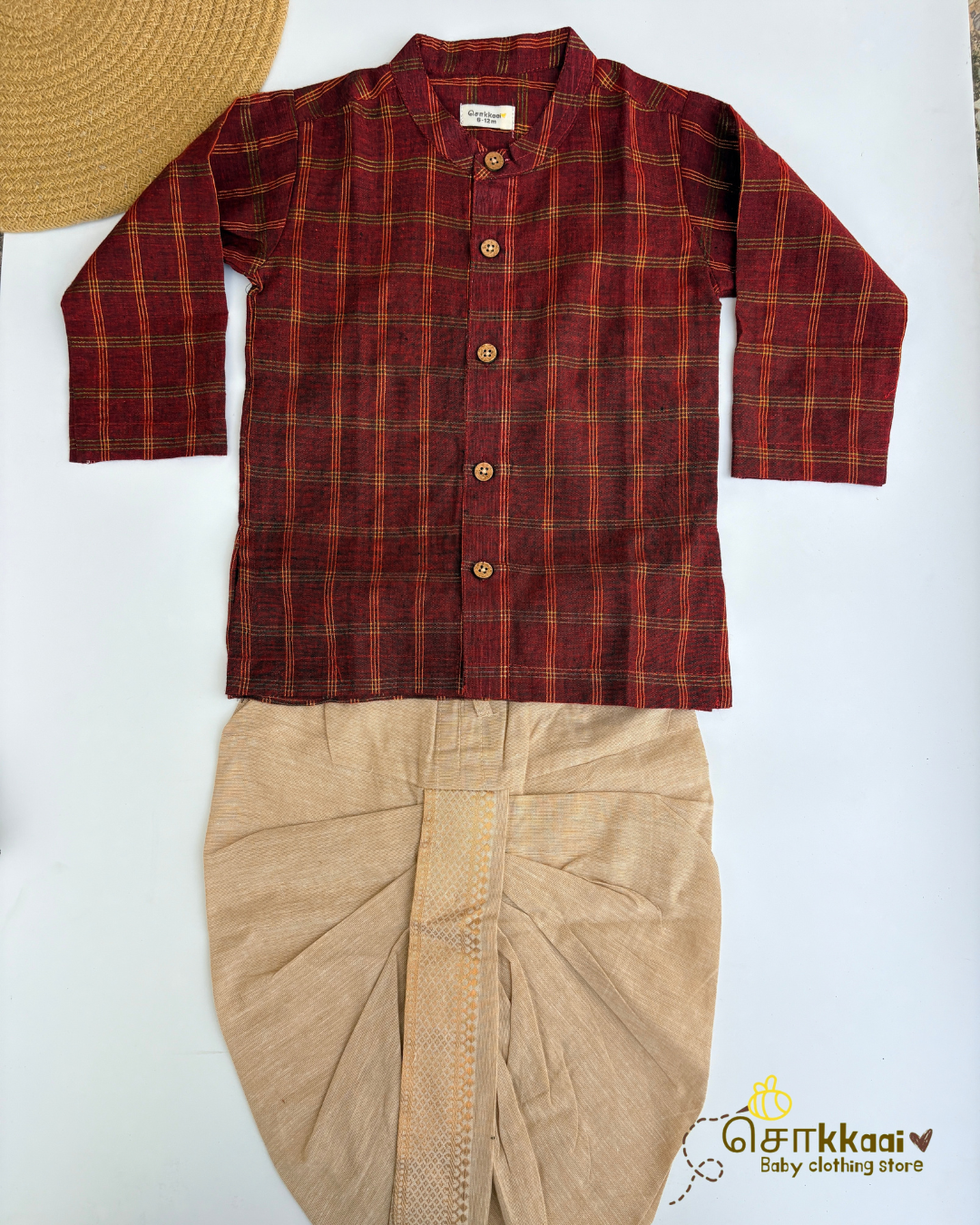Maroon Checks Cotton Dhoti Set (0-5yrs) - Sokkaai