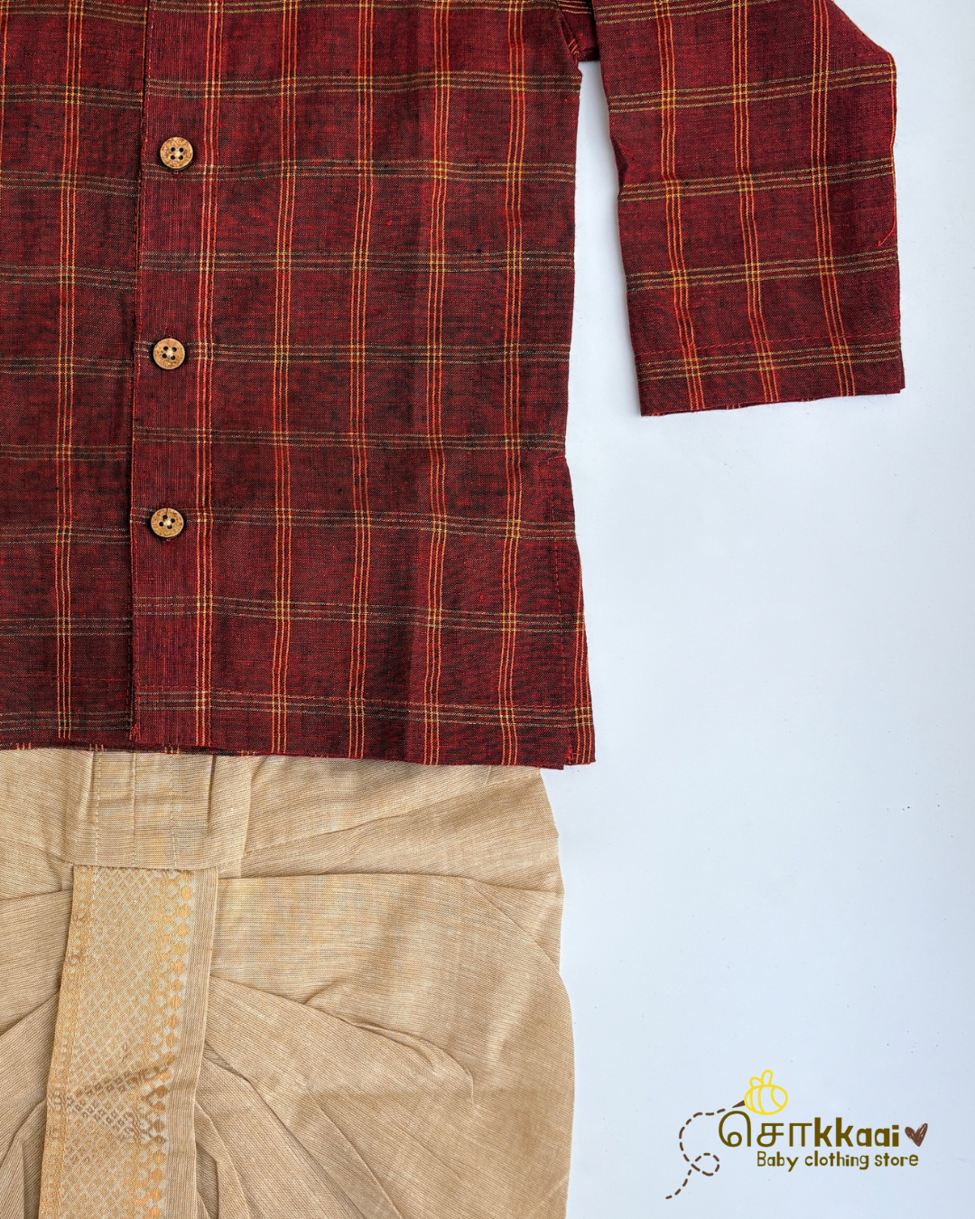 Maroon Checks Cotton Dhoti Set (0-5yrs) - Sokkaai