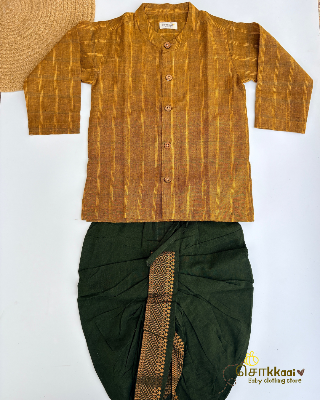 Mustard Checks Cotton Dhoti Set (0-5yrs) - Sokkaai