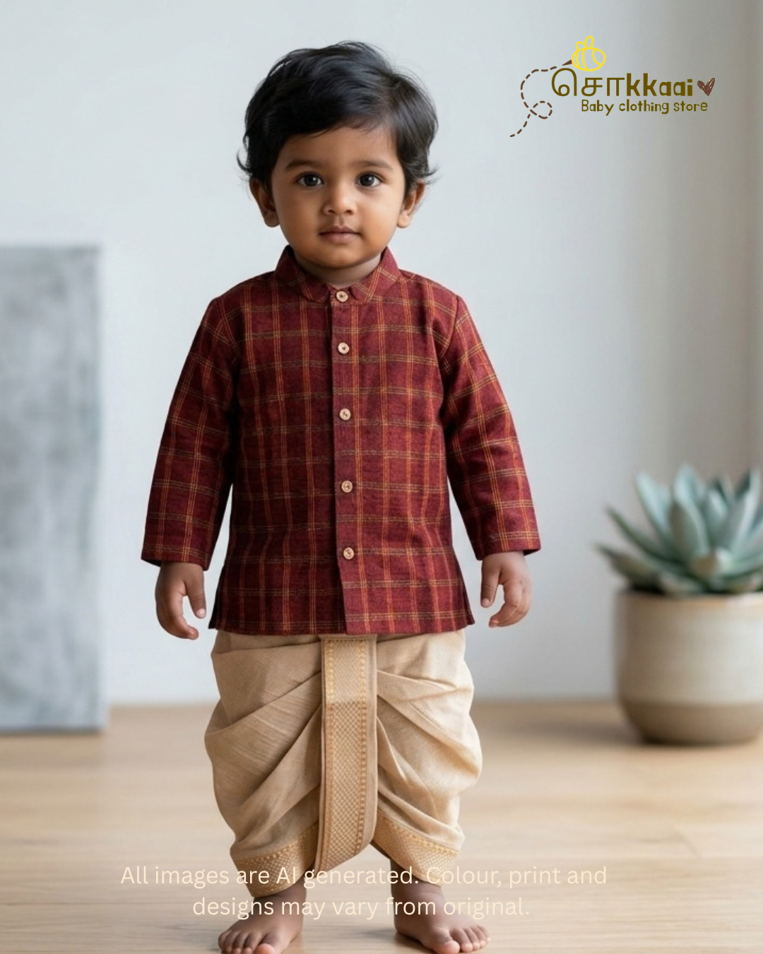 Maroon Checks Cotton Dhoti Set (0-5yrs) - Sokkaai