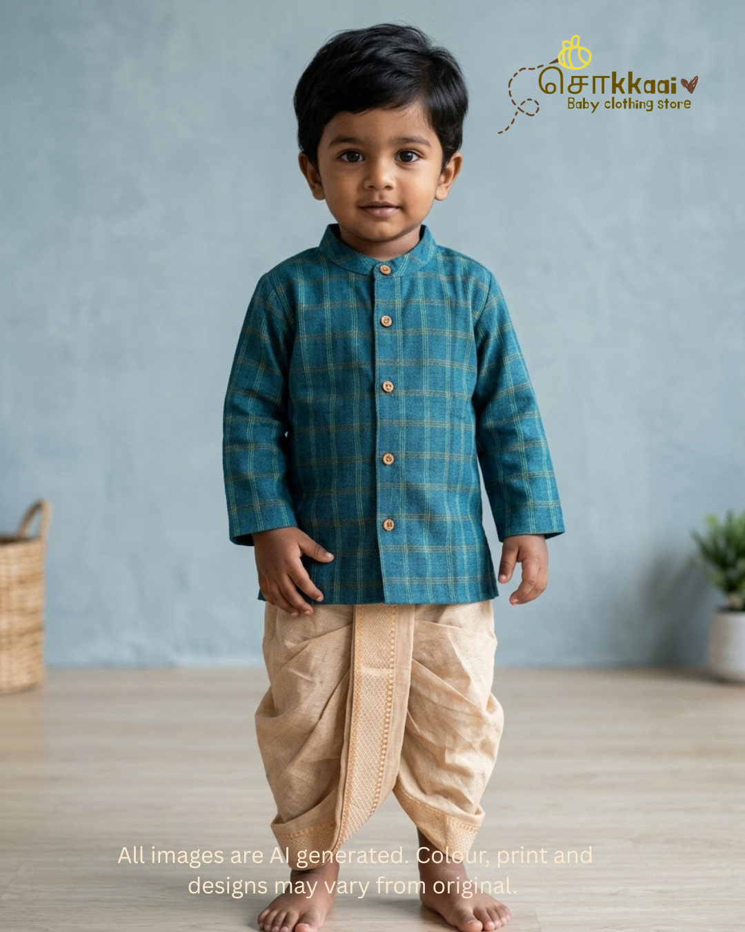 Teal Checks Cotton Dhoti Set (0-5yrs) - Sokkaai
