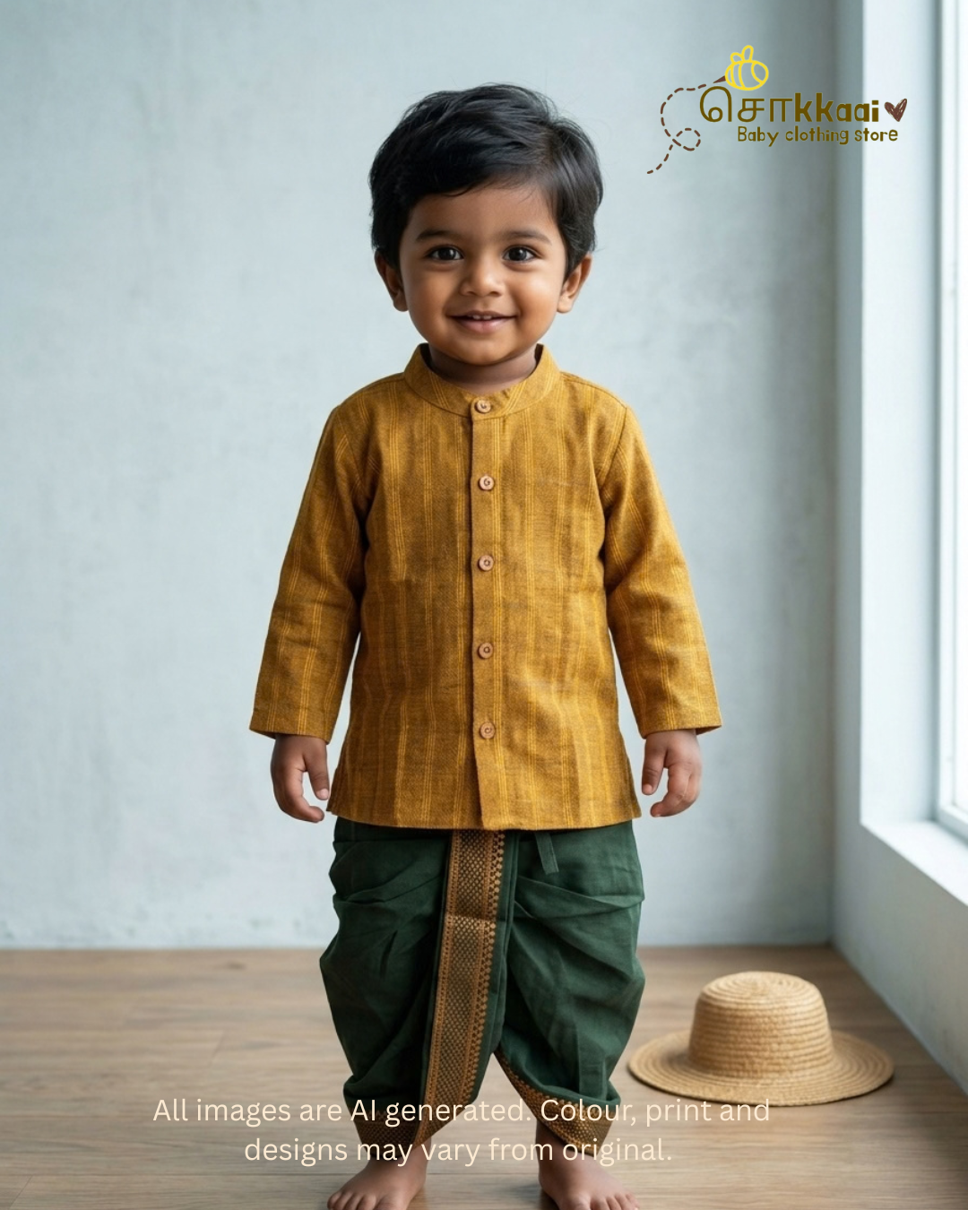 Mustard Checks Cotton Dhoti Set (0-5yrs) - Sokkaai