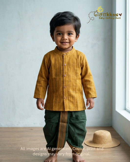 Mustard Checks Cotton Dhoti Set (0-5yrs) - Sokkaai