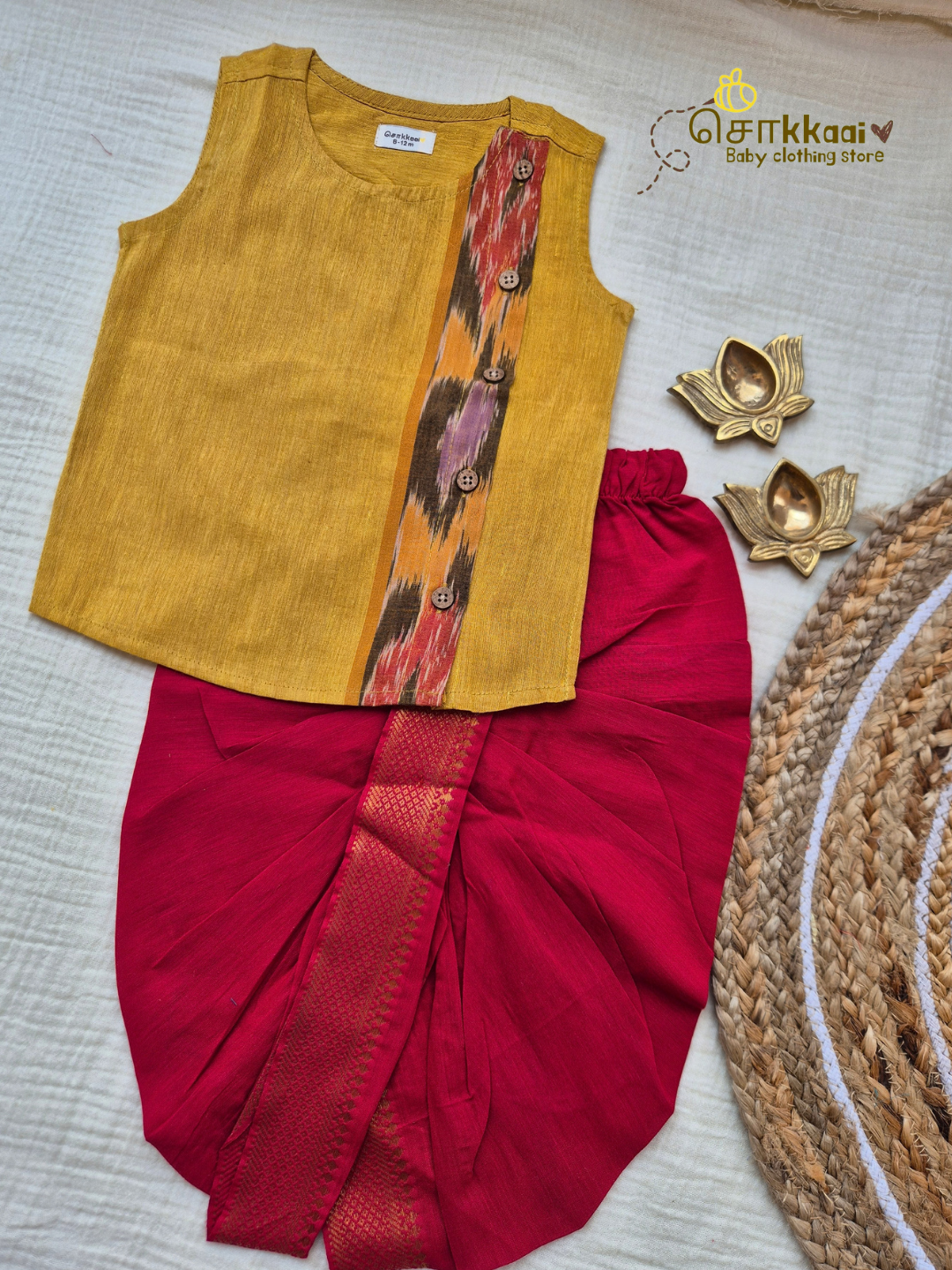 Mustard Ikkat Weave Royale Cotton Kids Dhoti Set (NB-5yrs) - Sokkaai